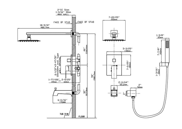 Matte Black 8 Inches Three Function Shower Set