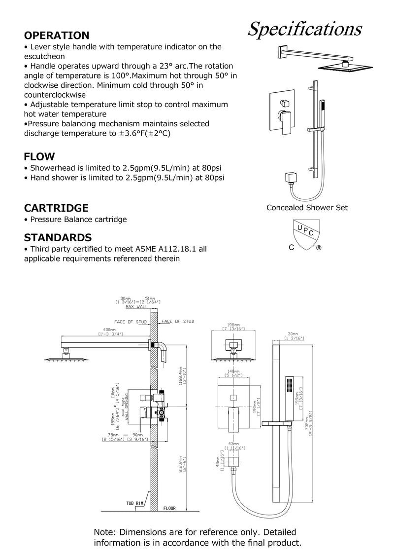 Chrome 8 Inches Square Two Function Shower Set